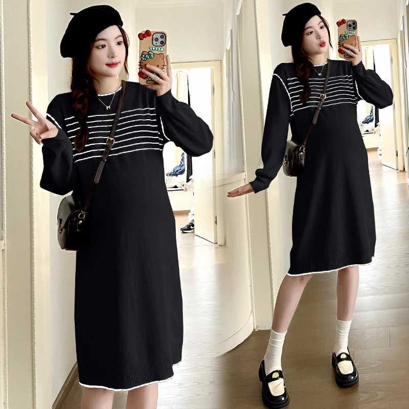 Autumn Loose Pregnant Women Knitted Striped Dress Fashion Materni Straight Dress Knee-length Long Sleeve Pregnancy Midi DressXJ241213