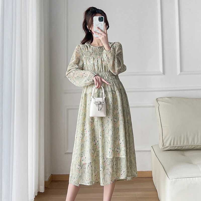 2024 Spring Materni Chiffon Dress Long Lantern Sleeve O-neck Fashion Printed Pregnant Woman Floral Dress Pregnancy Beach DressXJ241213