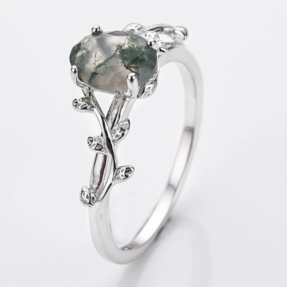 Real 925 Sterling Silver Cocktail Oval Shaped Moss Agate Rings Leaf Branch Ring For Woman Wedding Gifts High Quantity Jewelry 241214
