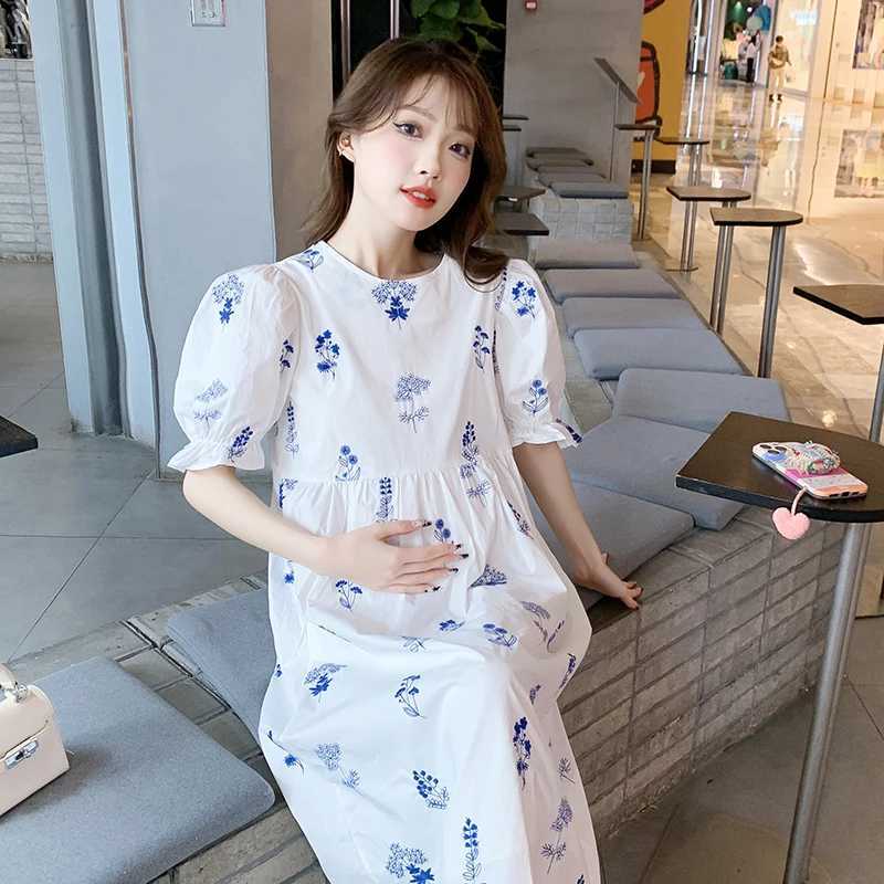 Summer Long Loose Materni Cotton Dress Puff Sleeve O-Neck Ruffles Patchwork Pregnant Woman Floral Dress Pregnancy Par DressXJ241213