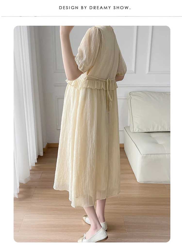 Summer Materni Long Par Dress Sweet Ruffles Patchwork Puff Sleeve O-neck Pregnant Woman Pleated Mesh Dress Princess DressesXJ241213