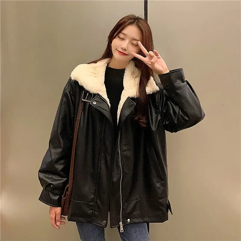 Vintage Thick Warm Leather Jacket Winter Womens Plush Loose Fur Integrated Collar Long Sleeve Jacket Korean Womens Street Clothing 241210