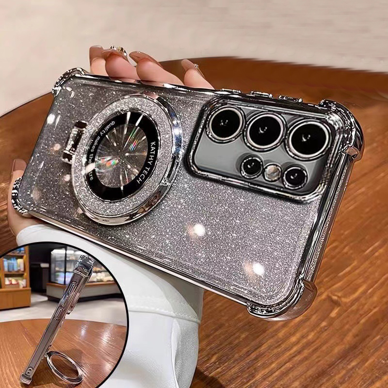 Luxury Four Corner Bling Glitter Clear Soft TPU Ring Stand Magnetic For Magsafe Wireless Cases For Samsung S22 S23 S24 S25 Ultra Plus A05 A05S A16 A06