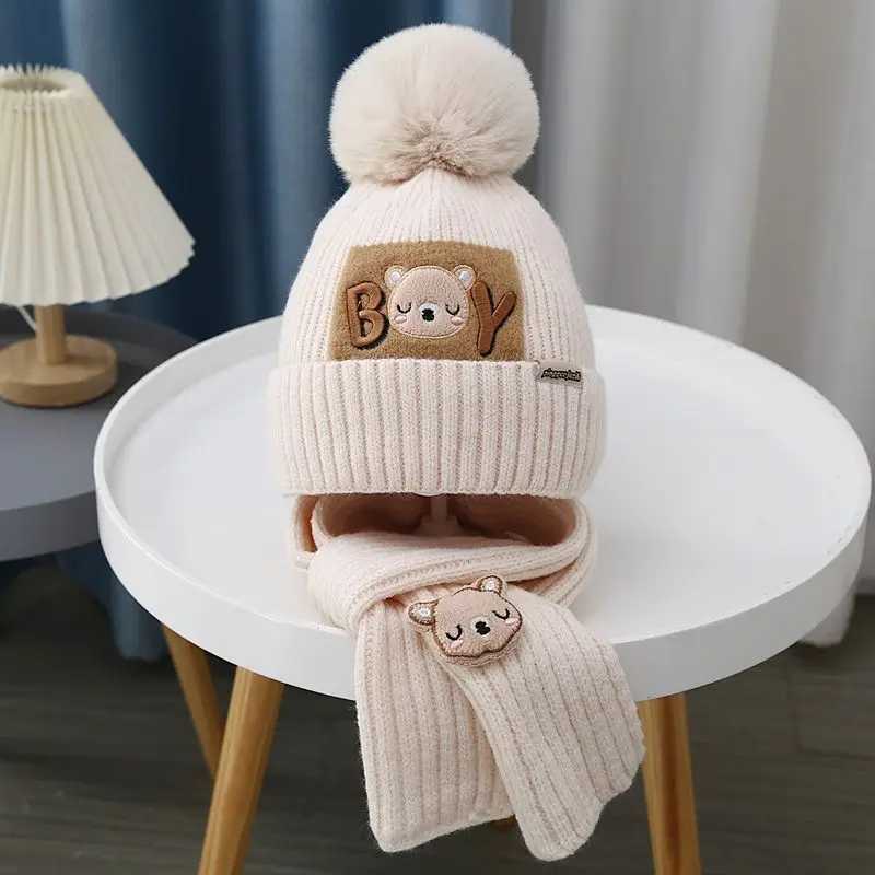 2Pcs/Set Baby Hat Scarf Cute Pompom Winter Woolen Knitted Warm Beanie Kids Boys Girls Bear Crochet Cap Scarves W241213