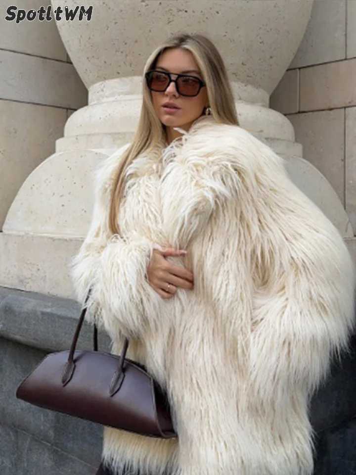 2024 Winter Warm Big Collar Fluffy Imitation Womens Fur Coat Elegant Long Sleeve Loose Solid Thick Jacket Womens New Coat X241214