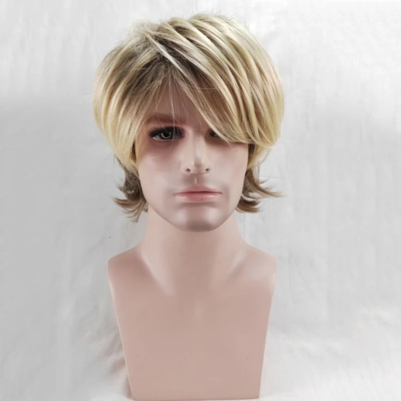 HAIRJOY Synthetic Hair Male Short Curly Wig Heat Resistant Fiber with Bangs Brown Blonde Mixed Wigs for Man 241213