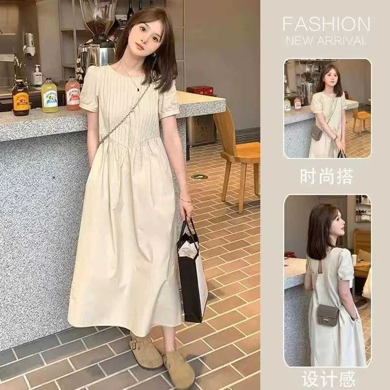 Korean Sle Materni Backless Dress Plus Size Short Sleeve Pleated High Waist Pregnant Woman Dress with Pockets Loose DesignXJ241213