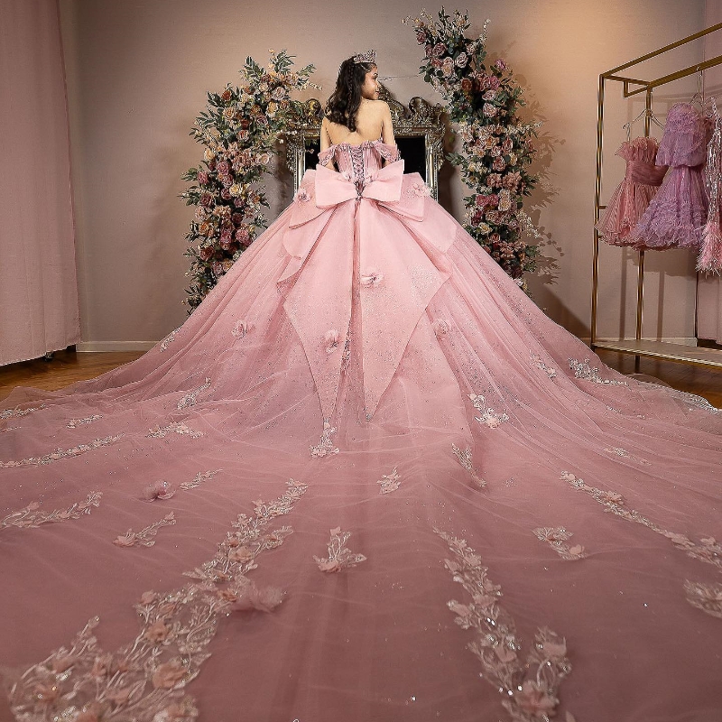 Pink Shiny Quinceanera Dresses Ball Gown Off The Shoulder Appliques Lace Flower Beads Corset Sweet 16 Vestidos 15 De XV Anos