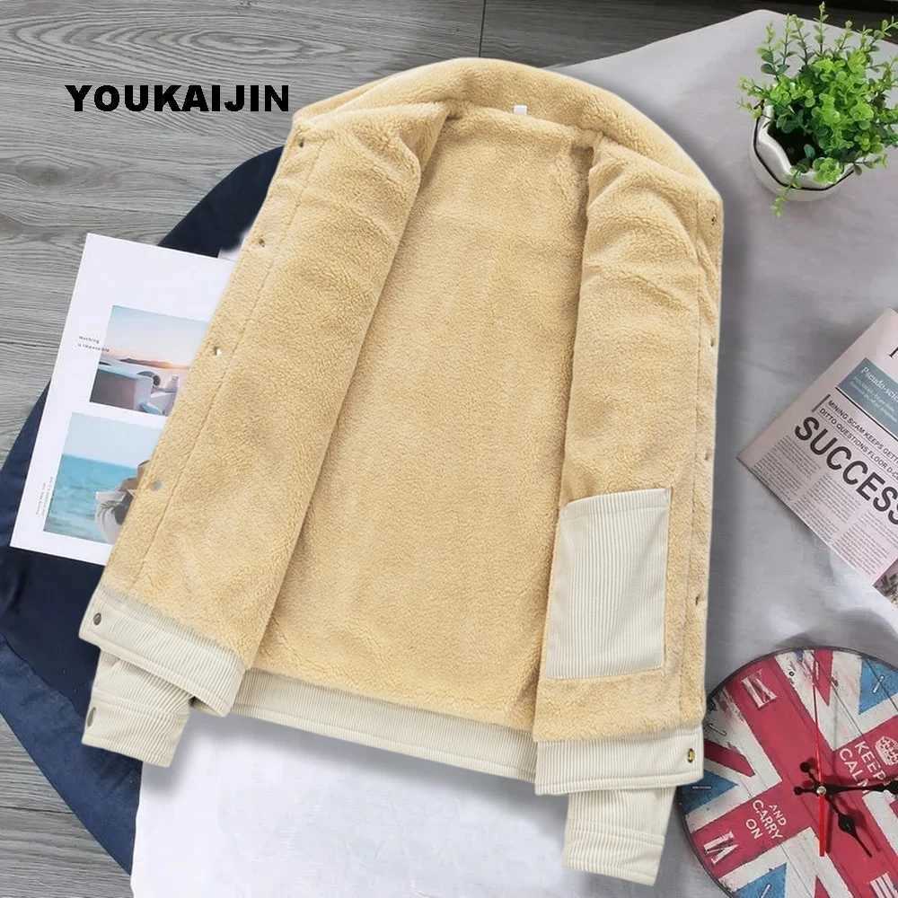 Winter wool jacket mens khaki warm thick Corduroy fur collar jacket mens jacket casual fashion outdoor windproof jacket mens W241213