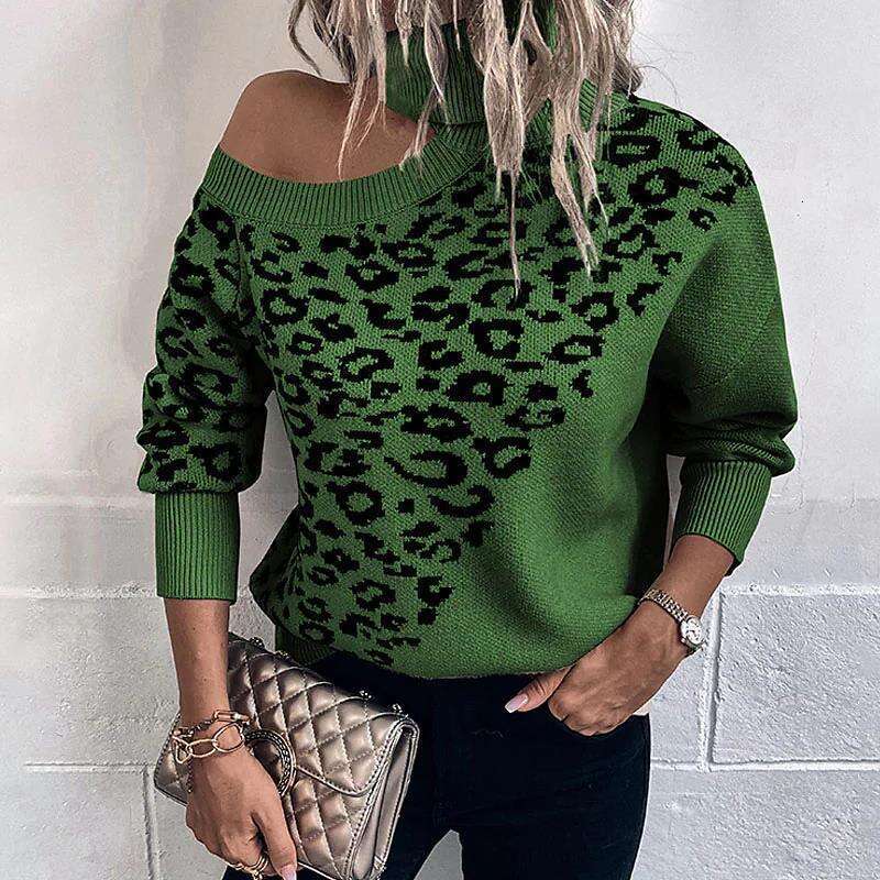 2024 European American fashion autumn and winter leopard print long sleeved women's foreign trade off shoulder knitted sweater
