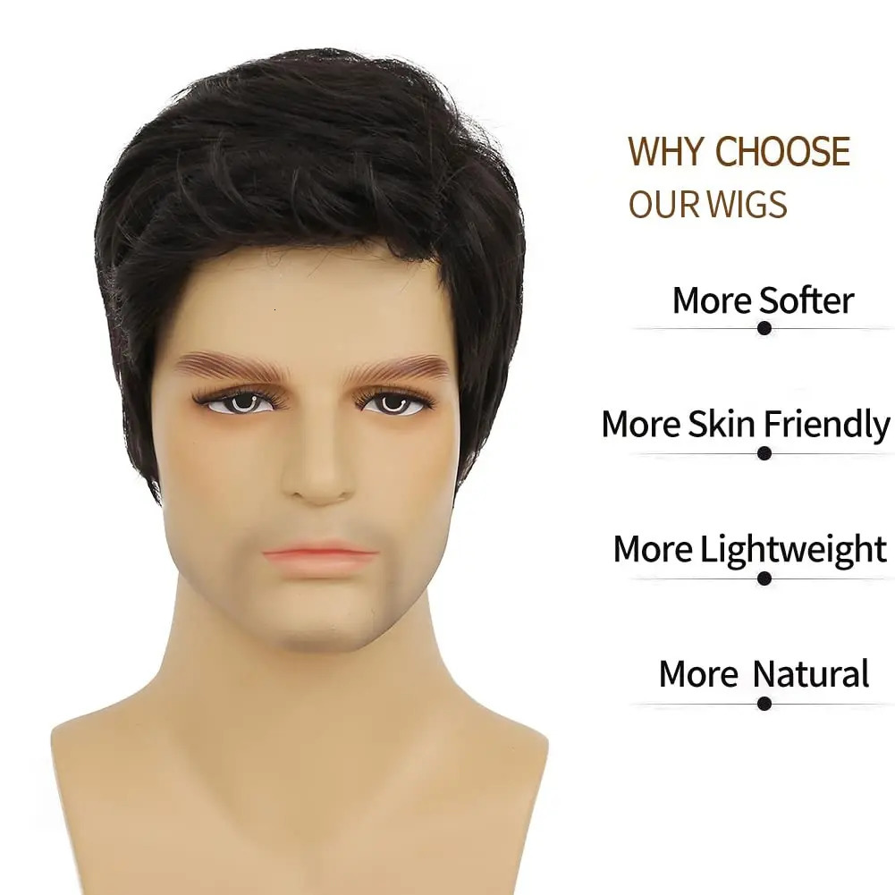 Black Wigs for Men Short Side Part Natural Layered Fluffy Synthetic Mens Wig for Daily Party Halloween Cosplay with Wig Cap 241213
