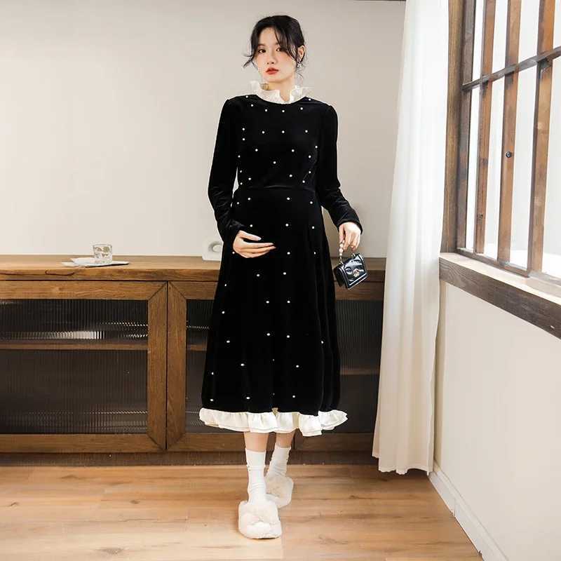 2024 Spring Pregnant Womens Retro Sle Pearl Velvet Long Dress Ruffles Collar Patchwork Materni Par Dress Evening ClothesXJ241213
