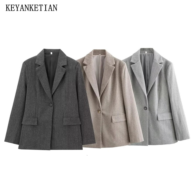 KEYANKETIAN AutumnWinter Womens Herringbone Wool Suit Coat Office Lady OneButton Flap Pockets Slim Thick Cropped Blazer 241209
