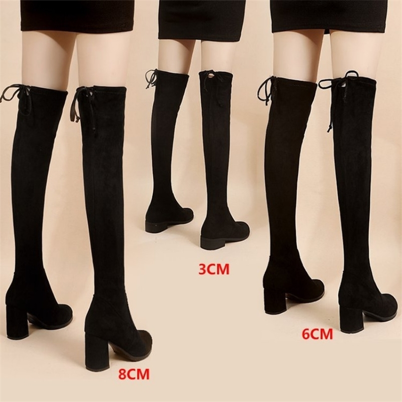 artificial suede womens high heels autumn zipper elastic knee high boots womens lace high heels black Botas drone 241213