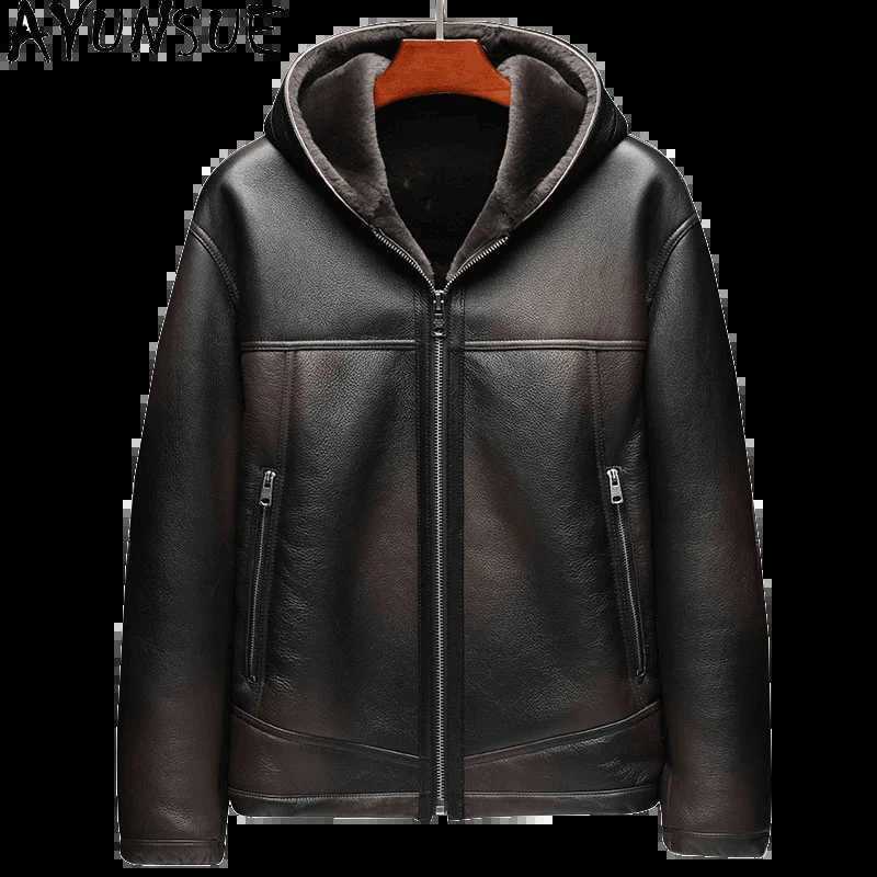AYUNSUE mens fur coat luxury leather jacket mens winter clothing casual warm natural sheepskin coat hooded W241213