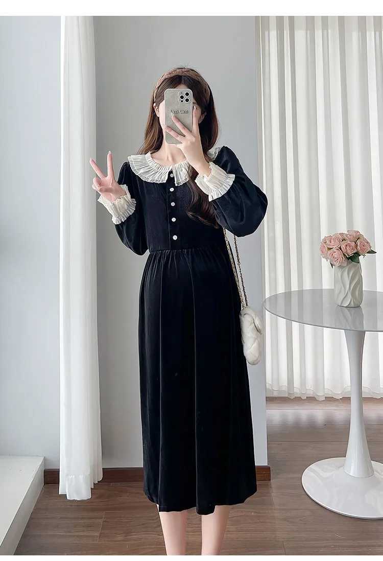 2025 Spring Materni Vintage Velvet Dresses French Sle Long Sleeve Lace Patchwork Pregnant Woman Black Par Dress ElegantXJ241213