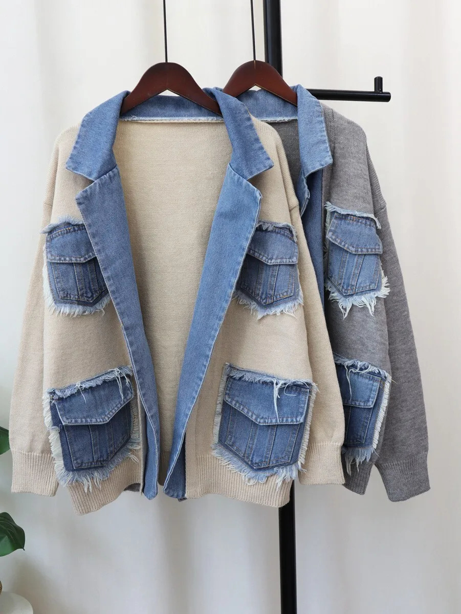 Women Denim Set Chic Lapel Knit Spliced Denim Jacket with Open Seam Detailing Modern TwoPiece Clothing Set for L25101821DL