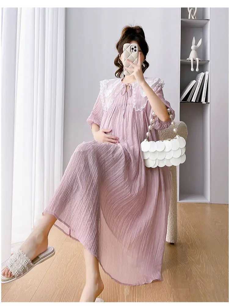 2024 Long Loose Materni Summer Dress Pink Puff Sleeve Sweet Lace Peter Pan Collar Pregnant Woman Chiffon Dress Holiday ClothesXJ241213
