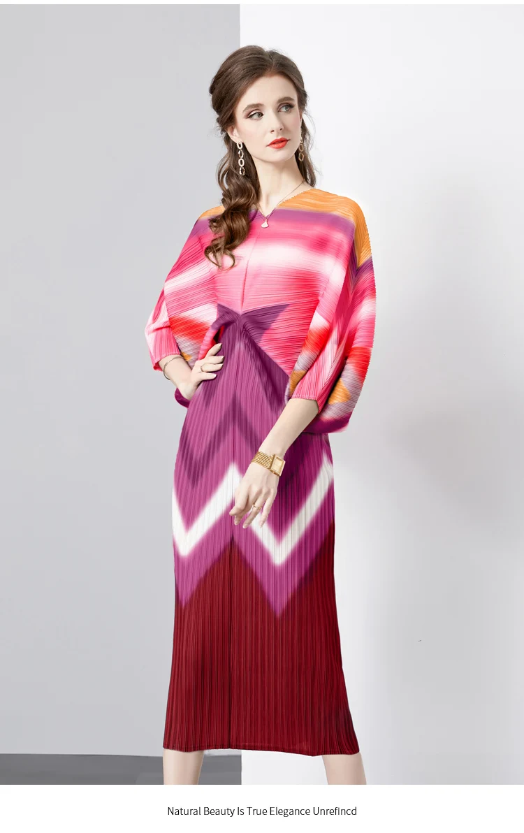 Autumn Fashion Print Pleated Maxi Dresses Women's V Neck Batwing Sleeve Irregular High Stretch Loose Long Vestidos 2025