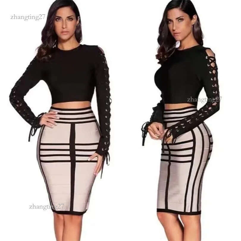 Top Quality HL Celebrity 2 Pieces Set Black Long Sleeve Knee Length Rayon Bandage Dress Cocktail Party Dress 201008