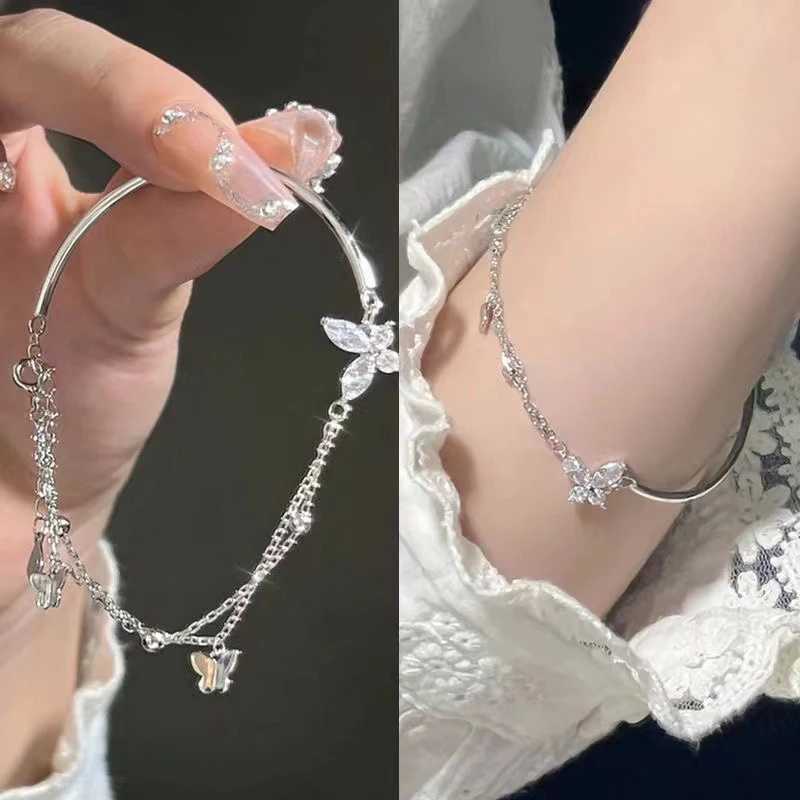 Butterfly Shiny Zircon Silver Color Bangle Light Luxury Multi-layer Chain Bracelet For Women Fashion Hand Accories JewelryXJ241214