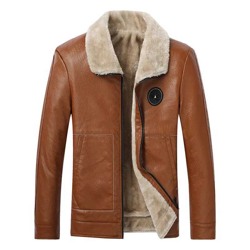 Winter mens casual collar plush warm leather jacket ultra-thin lightweight motorcycle leather jacket large-sized fur integrated PU jacket W241213