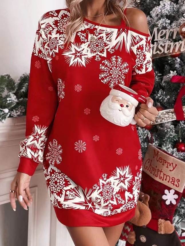 Christmas Snowflake Print Designer Long Sleeved Single Shoulder Women's High-quality Party Dress Top Knit Sweater