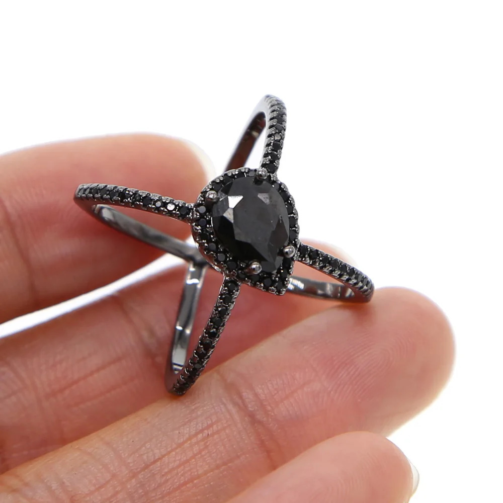 black gold tear drop shape black cz color Cross classic wedding engagement big stone women full finger ring ladies gift 241214