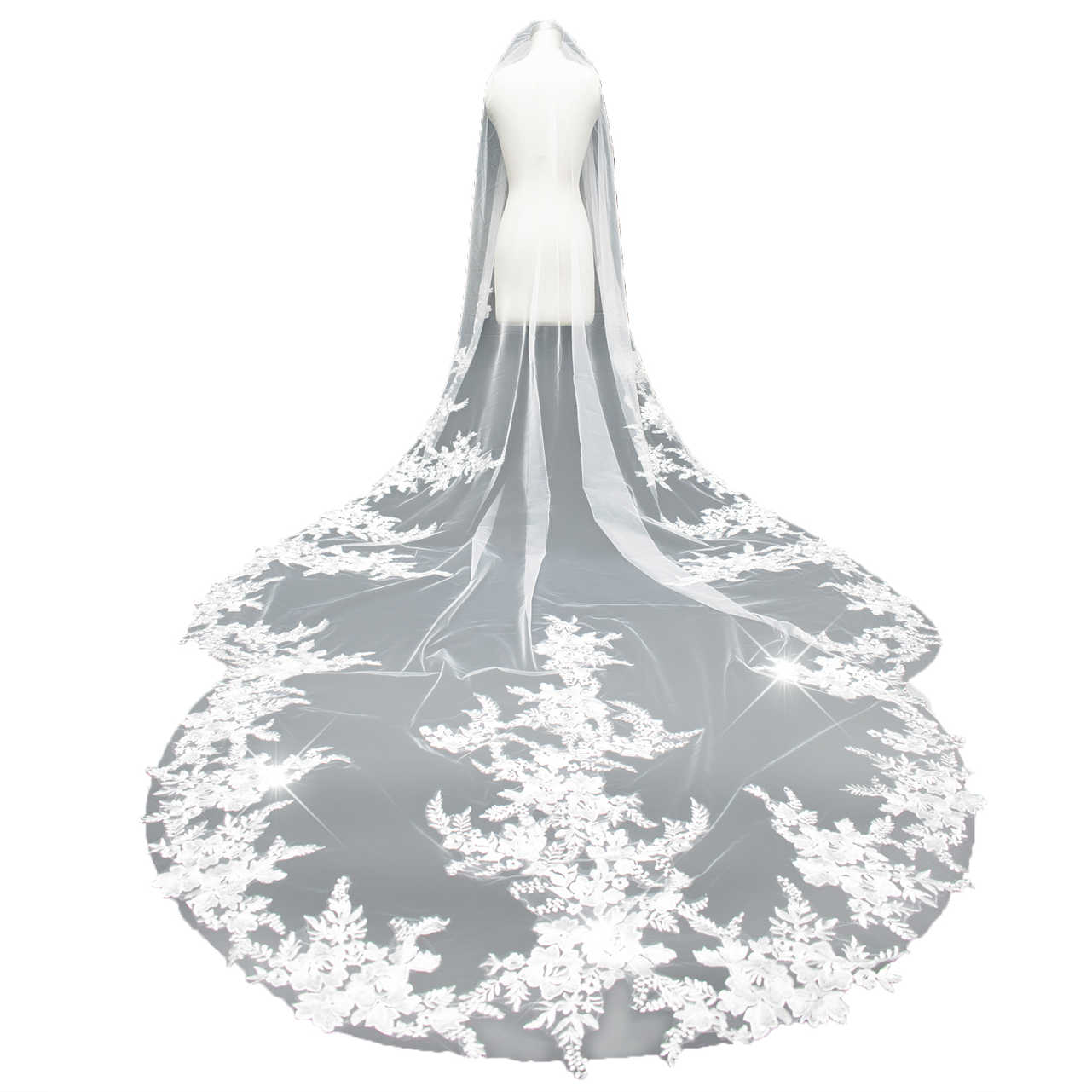 New Fashion 3D Floral Bridal Veils 3M Cathedral Length Long White Ivory Champagne Wedding Veils with Combs Tulle and Lace Appliques