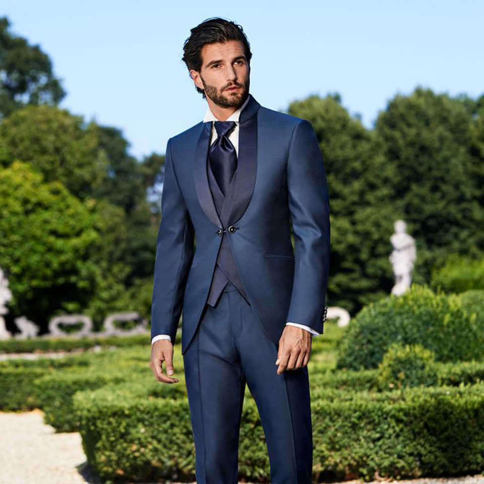 Handsome 3 pieces Mans Suits Customized Slim Fit Groom Tuxedos Designer New Fashion Jackets Appliques One Button Shawl Lapel Bridegroom Tailor Made Co