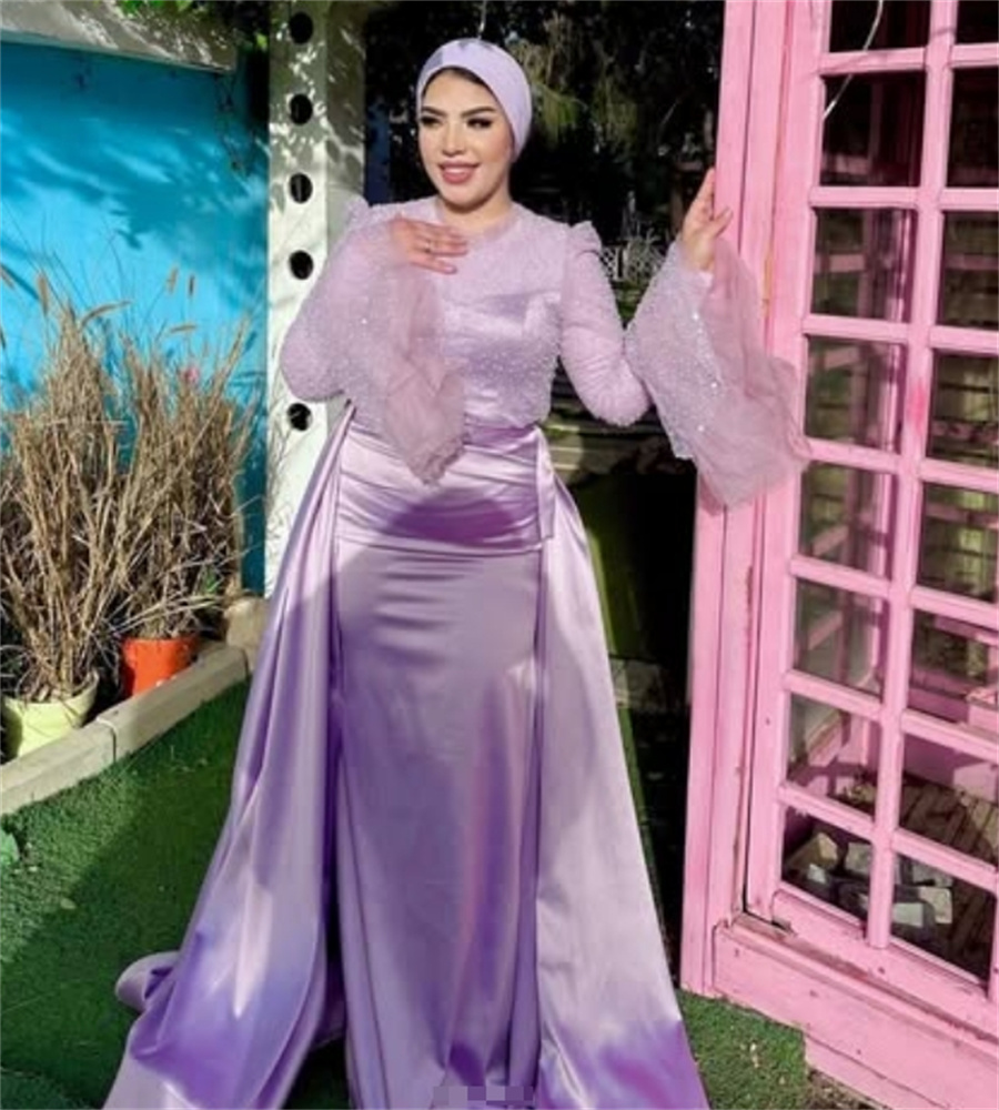 Gorgeous Saudi Arabic Evening Dress Plus Size Overskirt Dubai Muslim Prom Dresses Sequin Long Sleeve Birthday Formal Abaya Event Vestio De Fiesta