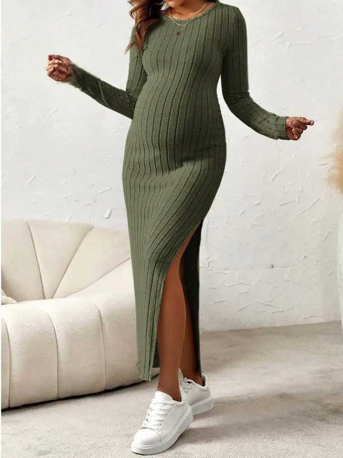 Autumn Winter Materni Womens Long Sleeve Dresses Premama Round Neck Sexy Slit Knitted Long Casual Dress New Pregnant ClothingXJ241213