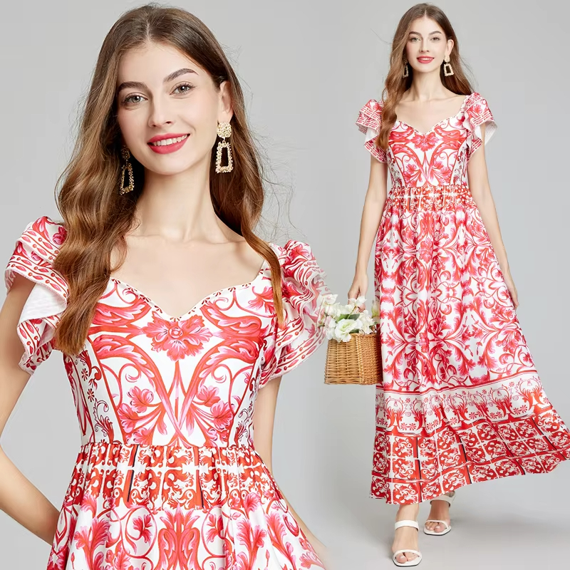 New Casual Summer Runway Summer Holiday Floral Maxi Dress Women Red White Porcelain Flare Ruffle Sleeve A Line Big Hem Long Beach Dresses 2025