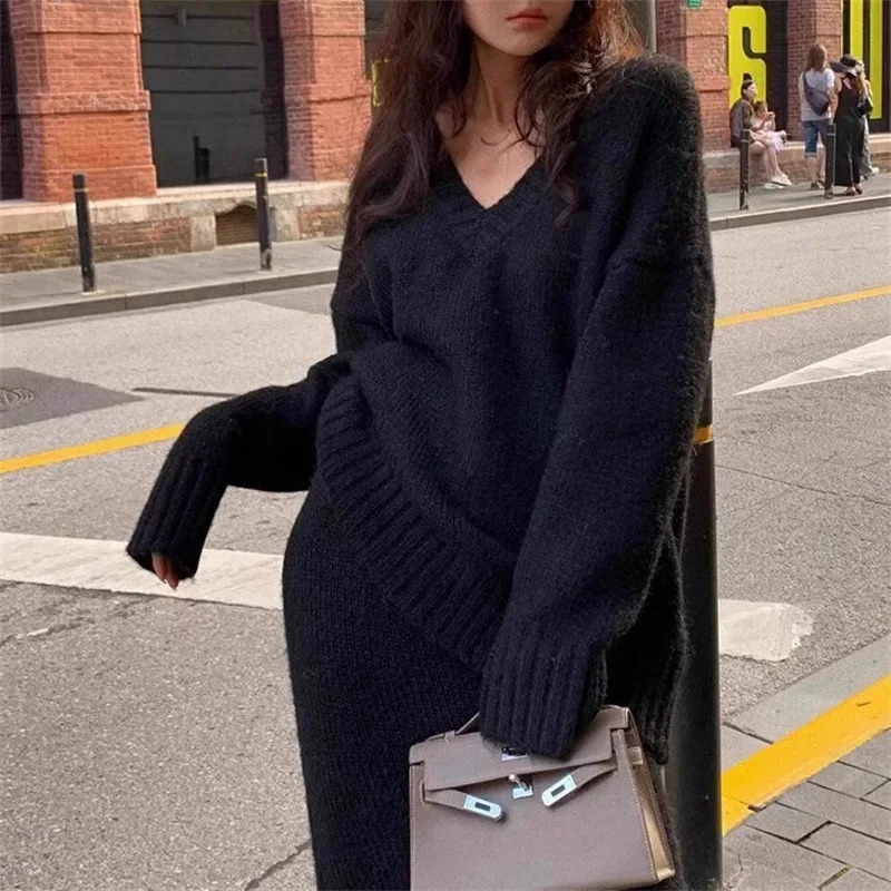 French Style Knitted Sweater Top Womens Autumn Winter VNeck Pullover Skirt 2Piece Set Idle Long 241211