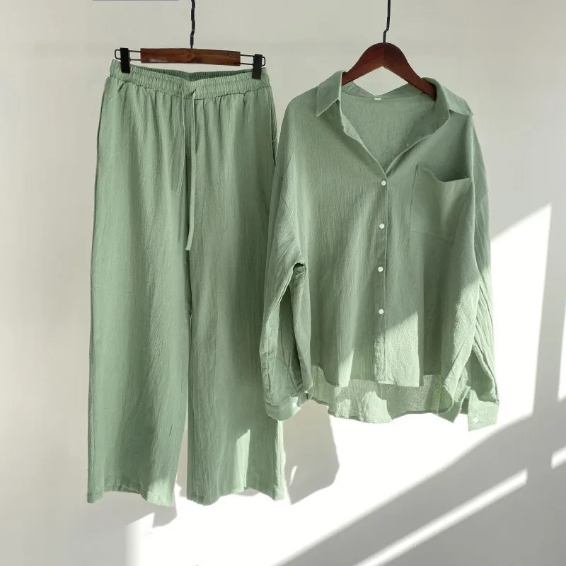 Loose Solid Color Cardigan Shirt Wide Leg Pants 2piece Set Of Retro Cotton Linen High Waist Long Outfit 241203