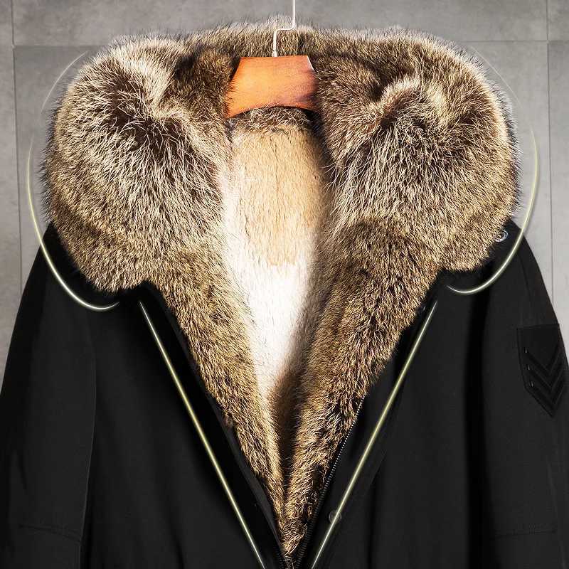 Winter natural fur jacket mens clothing medium length Parka gold satin lined coat fashionable warm fur coat big raccoon fur collar W241213