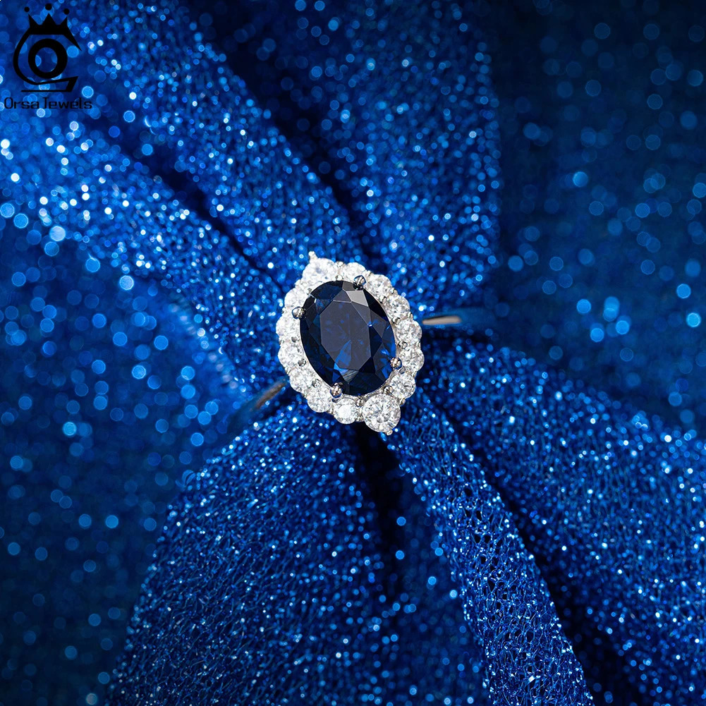 ORSA JEWELS Female 925 Sterling Silver Sapphire Oval Shaped Rings with CZ Cubic Zirconia Gemstone Blue Solitaire Ring Gift LZR09 241214