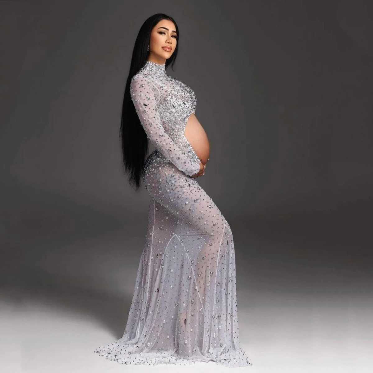 Hollow Out Belly Sparkling Rhinestone Materni Photography Dress Full Sleeve Stretchhy Tulle Dress For Pregnancy PhotoshootXJ241213
