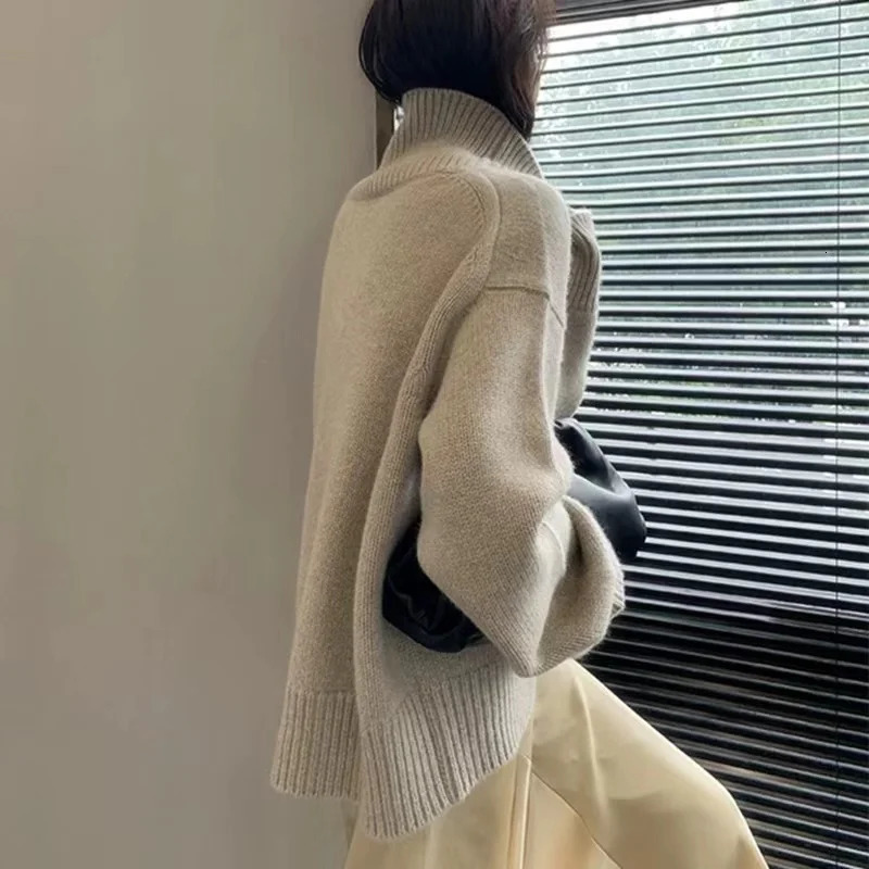 Pure wool knitted sweater for women turtle neck zipper autumn and winter loose plus size womens long sleeved Korean style tidal clothing 241211