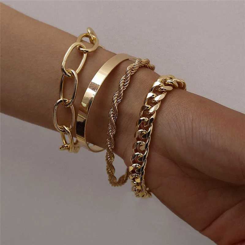 Mole Boho Thick Gold Color Charm Bracelets Bangles New Fashion Jewelry Punk Cu Cuban Chain Bracelets Set for Women GiftsXJ241214