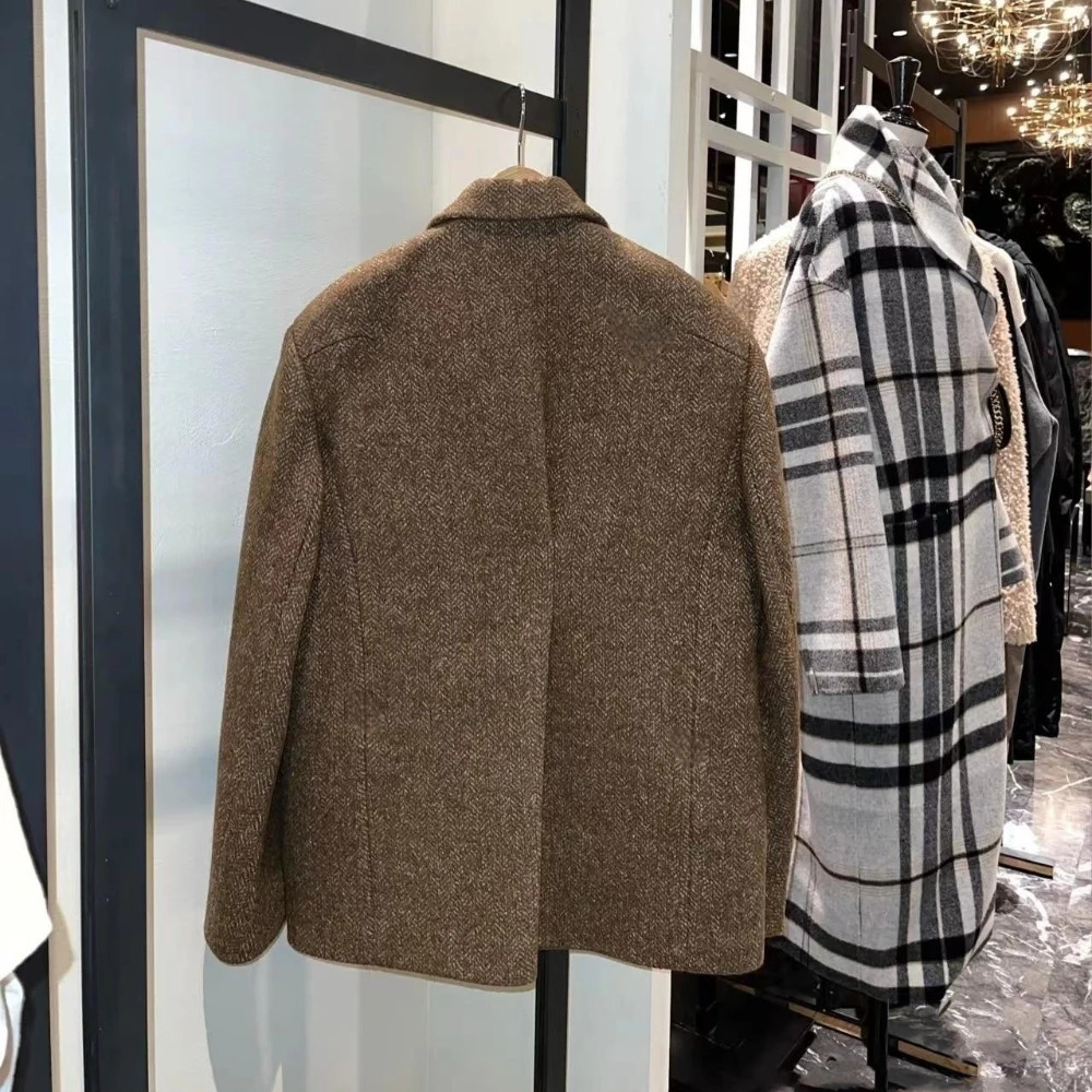 Womens Blazer Wool Blend Trench Woolen Pocket Jacket Fashion V Neck Long Sleeve Coat Female Fall Winter Chic Office Streetwear 241209