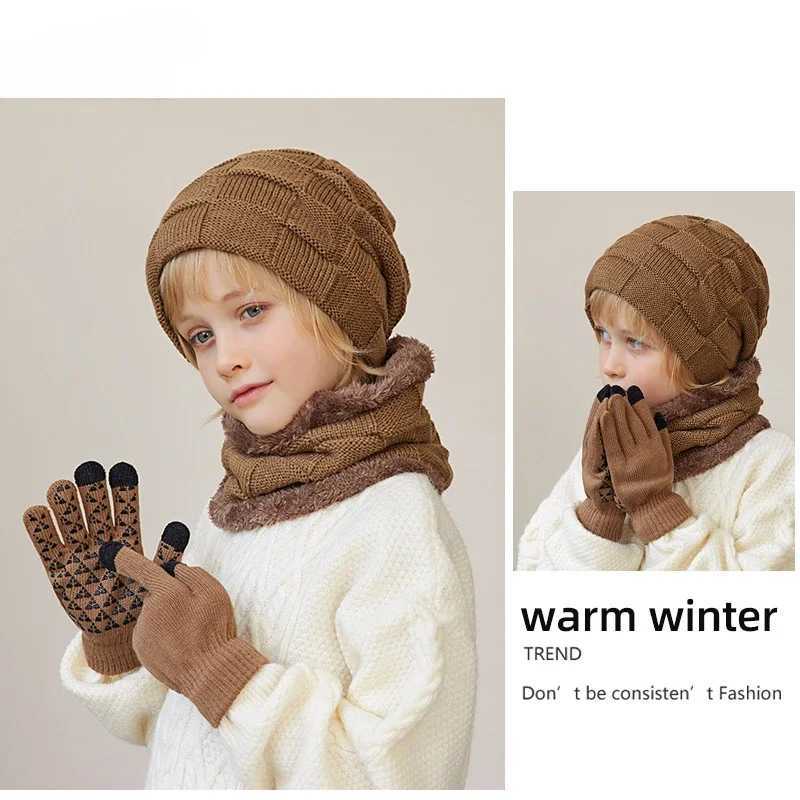 3-piece winter childrens hat glove scarf set neck warm five finger gloves plus velvet knitted hat childrens and boys accessories W241213