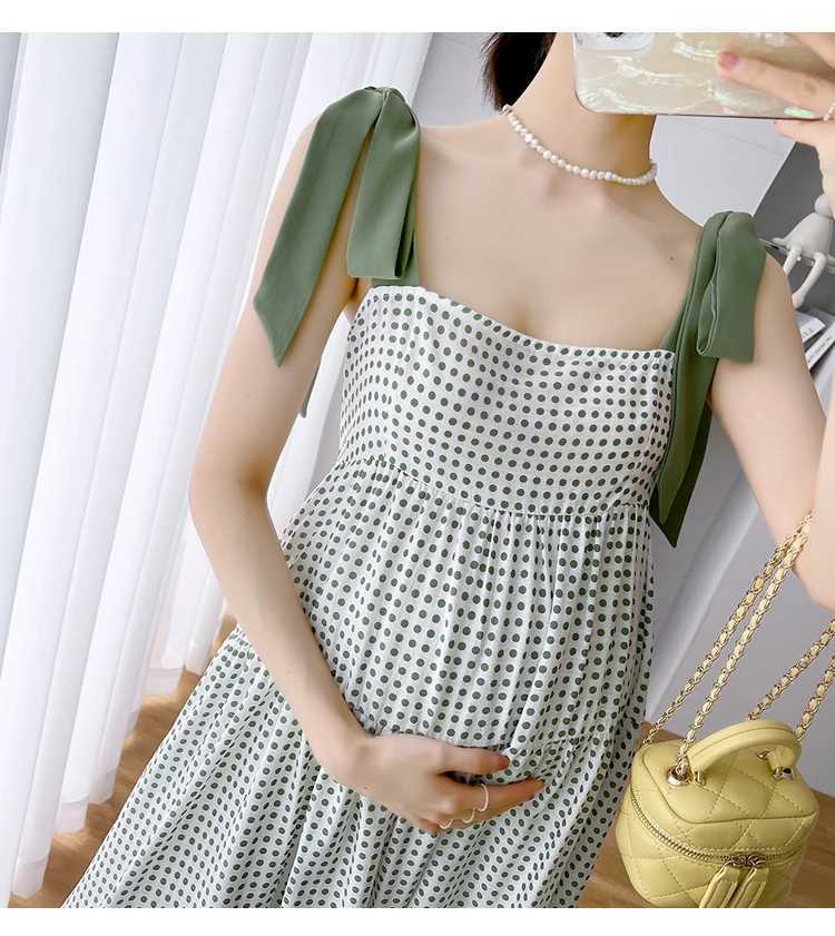 Summer Pregnant Women Dress High Waist Fashion Printed Strap Lacing Pregnancy Sleeveless Dress Materni Polka Dot Chiffon DressXJ241213