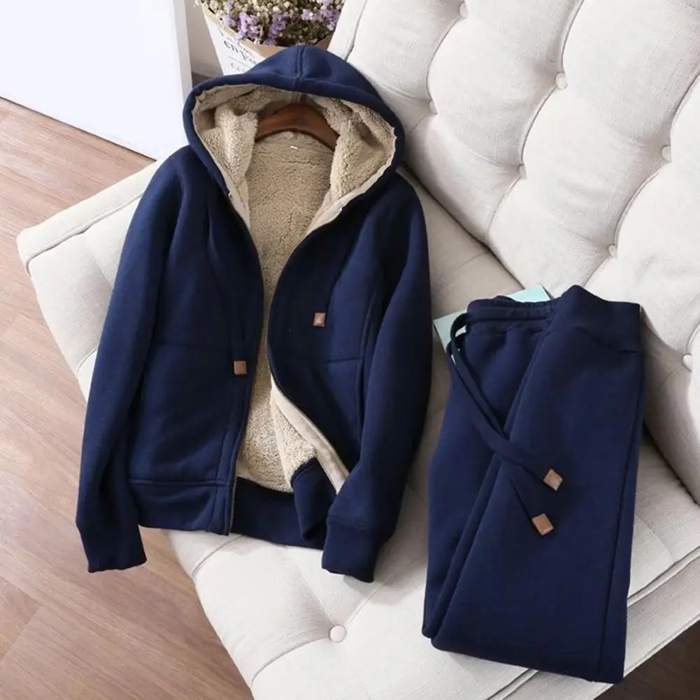 Wool Lamb Fleece Sweatshirt Pant Outfit Hoodies Jogger Pants Twopiece Set Thickened Drawstring Autumn Women Sports Suit 241203