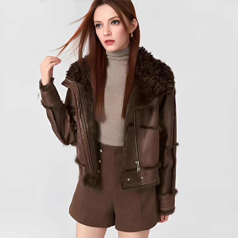 2014 Spring Womens Retro Short Artificial Leather Coat Clothing Motorcycle Zipper Sheepskin Jacket Long Sleeve Collar 241210