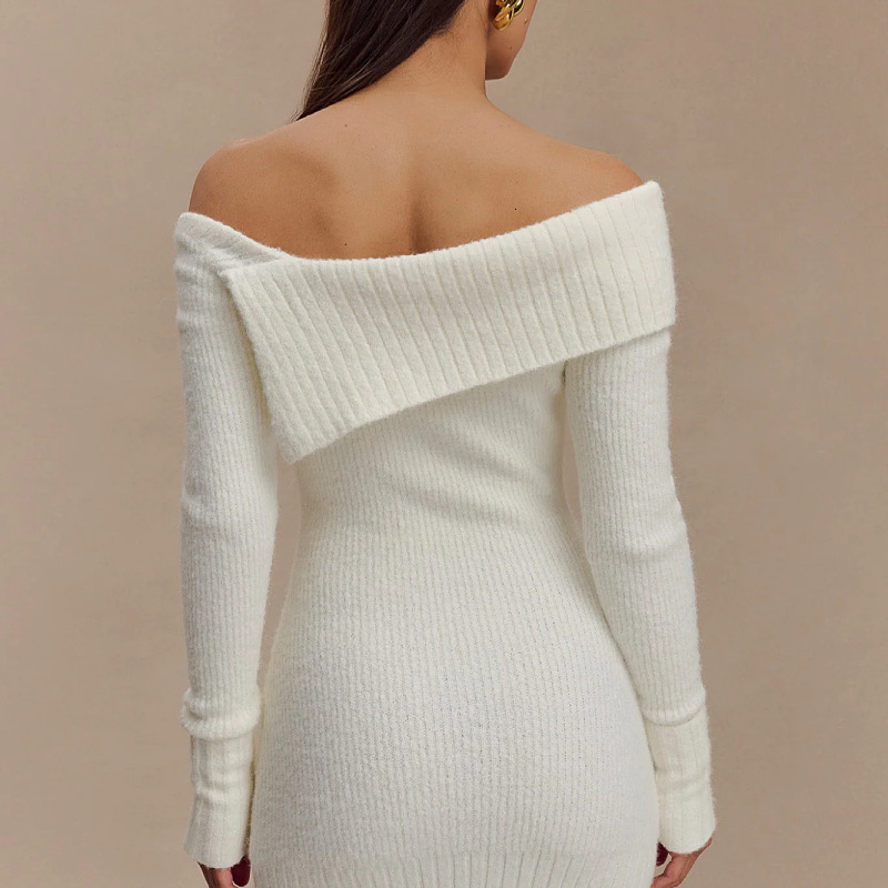New Autumn And Winter Women's Sexy Off Shoulder Long Sleeved Knitted Elegant Dress Short Skirt For Women