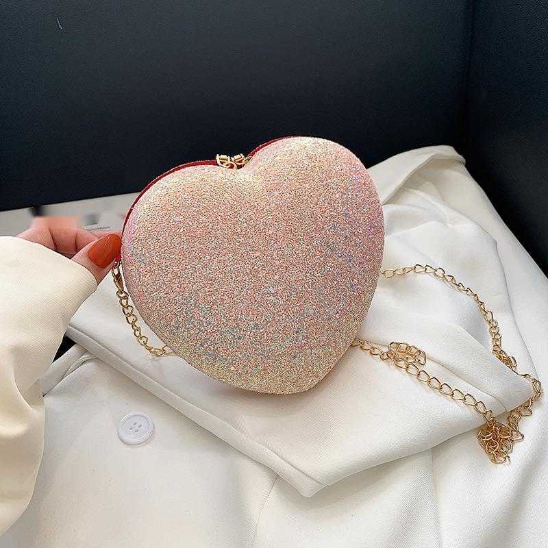summer bright bag womens new solid color Sequin peach heart chain Single Shoulder Messenger Bag sweet lady bag