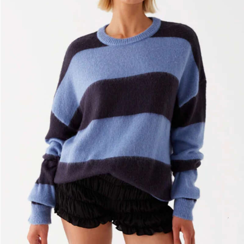 2024 new European and American knitted top round neck striped contrasting loose lazy pullover sweater for women
