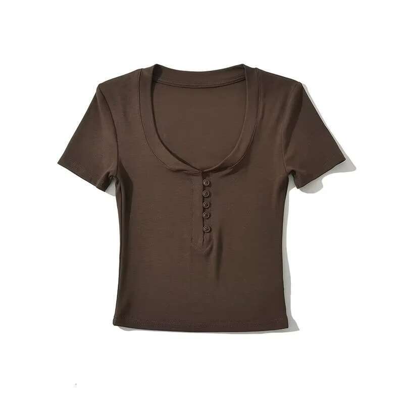 Spicy girl round neck half open button slim fit shoulder T-shirt for women's summer wear, tight fitting and slimming short sleeved top base shirt