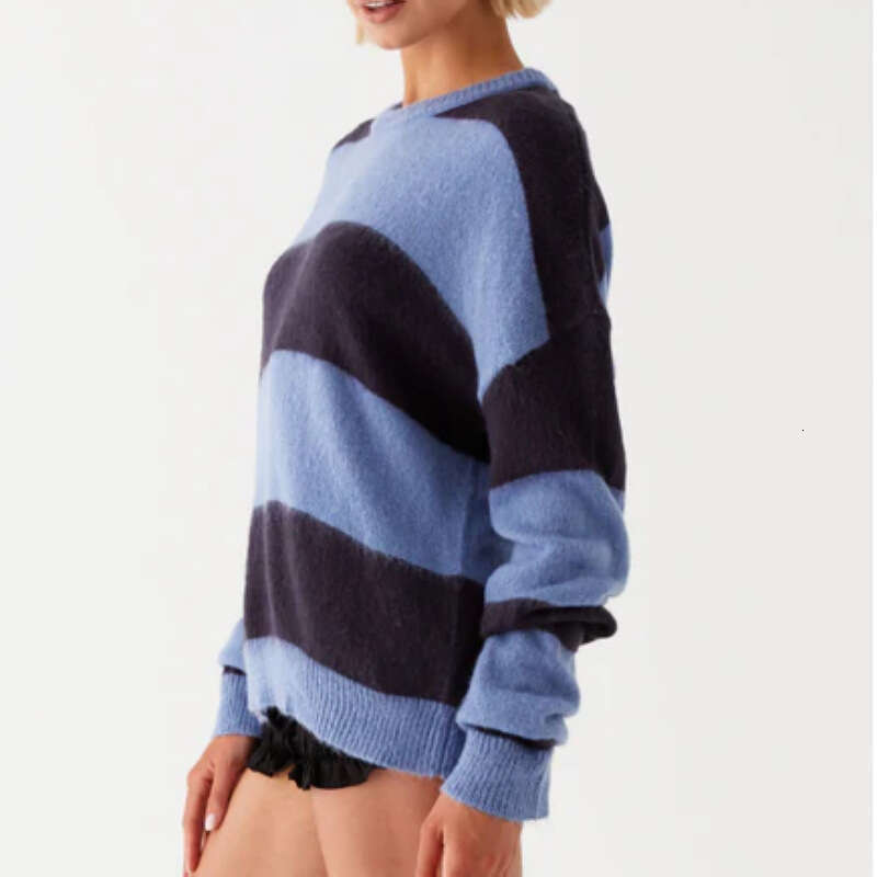 2024 new European and American knitted top round neck striped contrasting loose lazy pullover sweater for women
